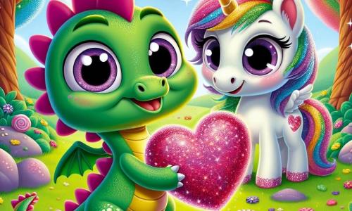 Dodo, un petit dragon aux écailles vertes et aux yeux joyeux, se tient dans une clairière, tenant un cœur en paillettes dans ses griffes. Il sourit avec excitation et amour. À ses côtés, Lila, une licorne aux crins arc-en-ciel et à la corne dorée, admire le cœur. La scène se déroule dans une clairière enchantée, entourée de fleurs multicolores et de papillons, avec des arbres en bonbon et des nuages en barbe à papa. Dodo présente fièrement son cadeau spécial pour la Saint-Valentin, tandis que des éclats de lumière scintillent autour d'eux, symbolisant leur amitié.