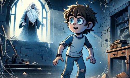 Lucas, un garçon de 12 ans aux cheveux châtains en désordre et aux yeux curieux, se trouve dans une vieille maison abandonnée. Vêtu d'un t-shirt bleu et d'un jean usé, son visage exprime excitation et peur alors qu'il explore l'intérieur sombre. À l'arrière-plan, une silhouette d'un vieux sage avec une barbe blanche flotte près d'un cercle de pierres, observant Lucas. Les murs sont couverts de toiles d'araignées et des livres anciens sont éparpillés, créant une ambiance mystérieuse. La grande salle a des fenêtres brisées laissant passer une lumière tamisée, illuminant la poussière. Lucas, hésitant mais déterminé, s'approche d'un vieux journal sur un bureau, tandis qu'une lueur mystérieuse émane du cercle de pierres, suggérant qu'il est sur le point de découvrir un ancien secret.