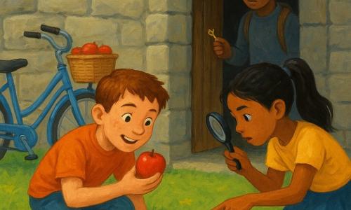 Maxime, 10 ans, souriant et curieux, s'accroupit près d'un vélo bleu appuyé contre un vieux rempart en pierre en tenant une pomme rouge; Zoé, 10 ans, vive, avec une queue de cheval et une loupe, pointe une rangée de pommes sur l'herbe; Louis, environ 12 ans et timide, se tient à l'ombre près d'une porte en bois entrouverte en tenant une petite clé dorée; lieu ancien avec banc de pierre, herbe fleurie et lumière douce du matin; ils découvrent un vélo dont le panier rempli de pommes sert d'indice, atmosphère d'aventure amicale aux couleurs vives et à la texture gouache.