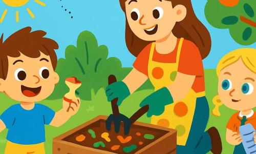 Lucas, un petit garçon de 4 ans avec des cheveux bruns en bataille et des yeux pétillants, porte un t-shirt bleu et un short jaune. Il sourit en tenant une pelle et une épluchure de pomme, prêt à aider au jardin. Sa maman, une femme d'une trentaine d'années avec des cheveux longs et châtains, sourit en lui montrant comment mélanger le compost. Emma, une petite fille de 5 ans avec des cheveux blonds en nattes, les rejoint avec une bouteille en plastique trouvée. Le jardin est vibrant, rempli de fleurs colorées, de légumes verts et d'arbres fruitiers. Sous un ciel bleu clair, Lucas, sa maman et Emma travaillent ensemble à nettoyer le jardin, ramassant des déchets et créant du compost, tout en s'amusant et en montrant l'importance de prendre soin de la nature.