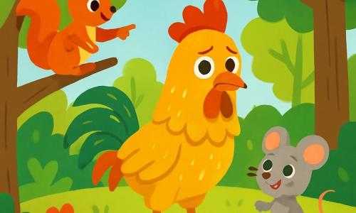 Un coq aux plumes dorées, au regard triste et déterminé, se tient au centre de la clairière à la recherche de son collier perdu. À sa droite, une petite souris grise aux yeux pétillants l'encourage avec un sourire, tandis qu'à gauche, un écureuil roux, perché sur une branche, indique la direction du collier. La clairière est baignée de lumière dorée, entourée d'arbres verts et de fleurs colorées. Ensemble, le coq et ses amis vivent une aventure joyeuse pour retrouver le collier, créant une atmosphère d'amitié.