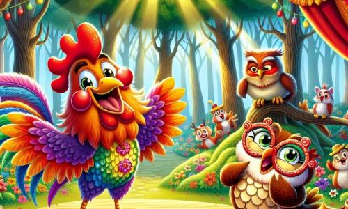 Cocorico le coq, avec sa crête rouge et ses plumes multicolores, est sur scène, souriant et réalisant une grimace pour le concours. À côté de lui, Dame Tartine la tortue applaudit avec fierté. En arrière-plan, le sage Hibou, perché sur une branche, observe amusé. La scène se déroule dans une clairière ensoleillée de la forêt enchantée, entourée d'arbres et de fleurs, où des animaux se rassemblent pour rire et applaudir. Cocorico tire la langue et gonfle ses joues, tandis que les rires des spectateurs créent une atmosphère festive.