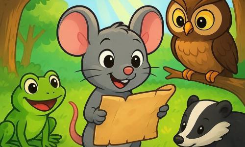Lila la souris, avec son pelage gris et ses grandes oreilles, se tient au centre de l'image, les yeux brillants d'excitation et un sourire radieux. Elle tient un vieux parchemin dans ses pattes, regardant autour d'elle avec émerveillement. À sa droite, Oscar le hibou, perché sur une branche, observe le parchemin avec une expression sage. À gauche, Zoé la grenouille, prête à bondir, affiche une expression joyeuse et impatiente. Félix le blaireau, curieux, gratte le sol avec ses pattes. La scène se déroule dans une clairière ensoleillée, entourée d'arbres et de fleurs colorées. Lila et ses amis se préparent pour une chasse au trésor en examinant le parchemin mystérieux.