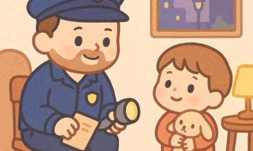 Un policier calme et bienveillant, accroupi et souriant, visage rond et barbe légère, veste bleu marine sur une chaise, badge brillant, carnet et lampe à la main, explique doucement à Léo, un garçon de 5 ans petit et rondelet aux cheveux châtain clair qui serre son doudou beige et le regarde avec admiration près d’une petite porte ; salon chaleureux et simple avec chaise en bois, lampe à abat-jour jaune diffusant un halo doux, vue sur trottoir et lampadaires de la ville, soirée aux lumières orangées et mauves, ambiance sécurisante et complice, style kawaii minimal aux couleurs douces, contrastes nets et traits ronds.