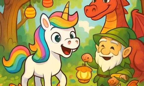 Dans une clairière ensoleillée, une petite licorne nommée Luna, avec une crinière arc-en-ciel et des sabots dorés, se tient au centre, rayonnante de joie. Elle sourit, invitant les autres créatures à se rassembler. À ses côtés, un vieux lutin à la barbe argentée admire Luna, tenant une lanterne en forme de fleur. En arrière-plan, un dragon aux écailles rouges observe la scène avec curiosité, entouré de dragonnets colorés. La clairière magique est ornée de lanternes flottantes et de tapisseries de fleurs, créant une ambiance festive. Luna et les créatures célèbrent un festival de l'amitié, partageant talents et histoires dans une belle harmonie.