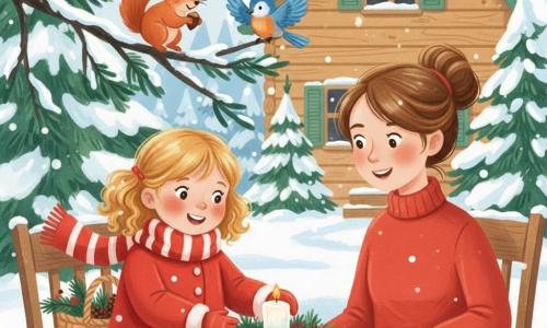 Une fillette de six ans, émerveillée, aux boucles dorées et aux joues rosées, porte un manteau rouge et une grosse écharpe rayée; elle tient un panier en osier rempli de branches de sapin, pommes de pin et baies rouges et confectionne un centre de table sur une table en bois, déposant une bougie blanche au centre. Sa mère, souriante et tendre, cheveux bruns attachés, se tient à droite et pose une main sur le dossier d'une chaise en signe d'admiration. Un petit écureuil roux, perché sur une branche basse, tient une noisette, et un oiseau bleu se tient sur une branche au‑dessus. Lieu : jardin enneigé devant une maison en bois aux volets verts, sapins givrés en arrière-plan, ciel hivernal pâle et quelques flocons; ambiance chaleureuse malgré le froid, couleurs vives et textures visibles.