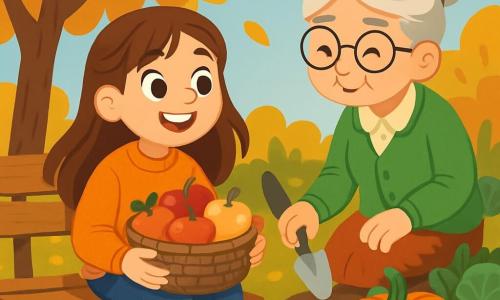 Une fille de 12 ans, avec de longs cheveux châtains et des yeux curieux, est assise sur un banc en bois dans un jardin d'automne. Elle porte un pull orange et un jean, son visage rayonne de joie en tenant un panier de pommes. À côté d'elle, sa grand-mère, avec des cheveux gris en chignon et des lunettes rondes, sourit en tenant une petite pelle pour ramasser des légumes. Le jardin est coloré avec des arbres aux feuilles dorées, des potirons et des fleurs éclatantes, sous un ciel bleu clair avec des nuages blancs. Elles partagent un moment de complicité en préparant une récolte d'automne.