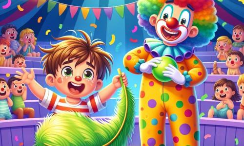 Un petit garçon de 2 ans, Léo, avec des cheveux bruns en désordre et un sourire éclatant, tient une grande plume verte. Il est debout, les bras levés, plein d'excitation. À côté de lui, Coco le Clown, un homme d'environ 30 ans avec un grand nez rouge et un costume multicolore, fait des grimaces en riant, tout en tenant un ballon en forme d'animal. La scène se déroule sous un chapiteau de cirque, avec des lumières scintillantes et des spectateurs émerveillés assis sur des bancs en bois, entourés de confettis. Léo chatouille Coco avec sa plume verte, créant une atmosphère joyeuse et festive.