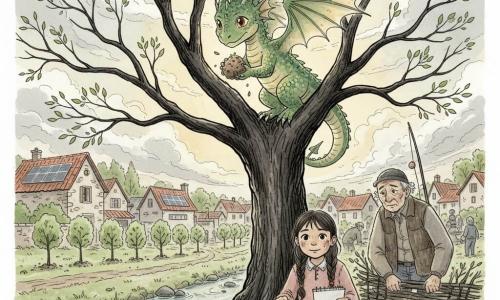 Liri, petit dragon aux écailles vert amande tachetées et yeux ambre, posé sur une branche de chêne, dépose une boule de terre et de graines, ailes semi-ouvertes; Maya, fillette de onze ans au visage barbouillé de terre et cheveux en tresse, agenouillée au pied de l'arbre, carnet ouvert et arrosoir métallique, regard concentré; Henri, vieux pêcheur au visage buriné, veste de laine et canne posée à côté, debout près de la rive, aide à fixer une barrière de branchages; en arrière-plan le village de Rochebleue aux maisons de pierre et toits de tuiles rouges, l'école avec quelques panneaux solaires, allées boueuses et jeunes pousses alignées; au premier plan une rivière peu profonde entre cailloux, eau claire et petites mares où coassent des grenouilles; après la tempête les habitants replantent et réparent — semer, arroser, calfeutrer — sous un ciel qui se dégage, lumière dorée filtrant entre les nuages; style : traits d'encre libres, textures lavées, contrastes doux et touches limitées de couleur (vert tendre, ambre, rouge tuile), composition centrée sur l'arbre, le dragon et la fillette.