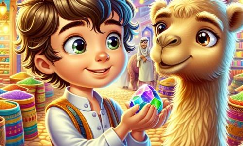 Un petit garçon de 4 ans, Lucas, avec des cheveux bruns en désordre et de grands yeux curieux, tient une pierre brillante dans ses mains, souriant émerveillé. À ses côtés, Samy, un chameau amical aux yeux doux et au pelage beige doré, le regarde avec bienveillance. Ils se trouvent dans un marché coloré de Dubaï, entourés de stands d'épices vives, de tissus chatoyants et de lanternes scintillantes. La scène est joyeuse et magique, alors que Lucas admire la pierre étincelante, rêvant d'aventures.