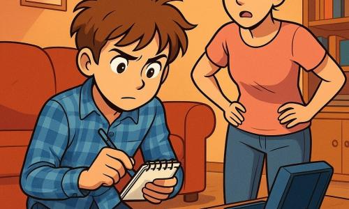 Léo, un garçon de 12 ans aux cheveux châtains ébouriffés, porte une chemise à carreaux bleus et un jean. Concentré, il tient un carnet à spirale et un stylo pour noter des indices. À ses côtés, sa mère, une femme brune dans la trentaine avec un chignon et un t-shirt rose, semble inquiète, les mains sur les hanches, regardant autour d'elle avec désespoir. La scène se déroule dans un salon chaleureux avec un canapé en velours rouge, une étagère remplie de livres et une boîte en velours bleu ouverte sur la table basse, laissant échapper des perles brillantes. Léo enquête sur le sol à la recherche de preuves concernant la disparition du collier de sa grand-mère.