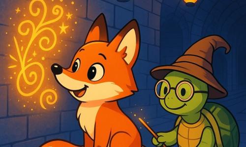 Un renard roux nommé Lune, avec une fourrure éclatante et des yeux curieux, se tient devant un mur gris où un gribouillis magique brille d'une lumière dorée. Émerveillé, il renifle le dessin, ses oreilles dressées et sa queue enroulée autour de ses pattes. À côté, une vieille tortue sage, portant un chapeau tordu et des lunettes rondes, trace des spirales sur le sol avec un bâton scintillant, affichant un sourire bienveillant. Le lieu est une gare souterraine magique, avec des murs en briques anciennes et des lampions flottants. Lune découvre le gribouillis lumineux, prêt à plonger dans une aventure enchantée, tandis que la tortue lui révèle le secret de la magie cachée dans la ville.