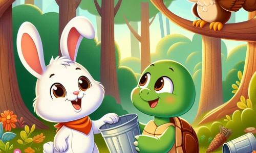 Petit Lapin, un lapin aux grandes oreilles et à la fourrure blanche, ramasse des papiers colorés avec ses petites pattes. À ses côtés, Tortue, une tortue verte avec une carapace marron, tient une canette et sourit. Hibou, perché sur une branche, les observe avec curiosité, tandis qu'Écureuil, un écureuil roux, ramasse un mouchoir tout excité. La scène se déroule dans une forêt enchantée, avec de grands arbres, des fleurs colorées et un doux soleil. Petit Lapin et ses amis travaillent ensemble pour nettoyer la forêt, la rendant plus belle et propre.