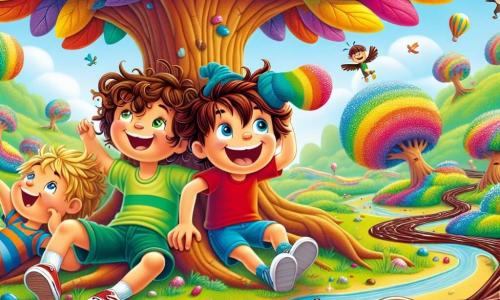 Trois garçons, Léo (8 ans, cheveux bruns en bataille, t-shirt rouge et short bleu), Max (7 ans, cheveux blonds et bouclés, t-shirt vert et sandales) et Tom (6 ans, cheveux châtains, t-shirt rayé et pantalon court), sont assis sous un grand chêne magique aux feuilles multicolores. Léo rit avec une chaussette géante sur la tête, Max fait une grimace amusante, et Tom, souriant, pointe la rivière en chocolat à côté d'eux. Ce monde fantastique est rempli de couleurs vives, avec des arbres dansants, des oiseaux en lunettes de soleil et une rivière scintillante. Des ballons flottent et des fleurs souriantes les entourent. Les garçons, émerveillés, découvrent la chaussette géante qui les a transportés dans cet univers loufoque, prêts pour une aventure pleine de rires.