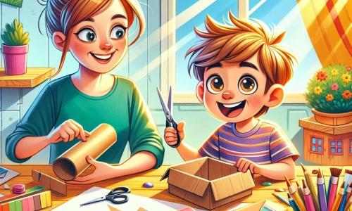 Un garçon de 6 ans, Lucas, avec des cheveux bruns en désordre et des yeux pétillants, est assis à une grande table en bois, entouré de cartons colorés et de feutres. Il sourit, tenant un rouleau de papier et des ciseaux, prêt à construire sa ville en carton. Sa maman, une femme d'une trentaine d'années avec des cheveux châtains en chignon, l'encourage avec un sourire, tenant une boîte de carton vide. La scène se déroule dans une cuisine lumineuse, avec des rayons de soleil filtrant à travers la fenêtre, illuminant les murs décorés de dessins d'enfants. Lucas découpe des formes dans le carton pour créer des maisons et des routes, tandis que sa maman l'observe avec fierté, prête à l'aider. L’atmosphère est joyeuse et créative, illustrant le début d'une aventure estivale pleine d'imagination.