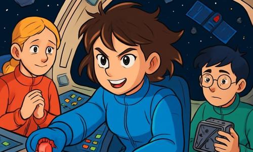 Une jeune femme, Lina, flotte dans la cabine de son vaisseau spatial, le "Stellaire". Elle a des cheveux bruns en bataille et porte une combinaison spatiale bleue brillante. Son visage exprime une détermination intense. Elle manipule des commandes sur le tableau de bord, entourée de lumières clignotantes et d'écrans affichant des données. À ses côtés, deux astronautes sont présents : une femme d'environ 30 ans, avec des cheveux blonds tressés et une combinaison rouge, qui regarde Lina avec gratitude, et un jeune homme de 25 ans, aux cheveux noirs et aux lunettes rondes, qui examine un appareil endommagé, l'air préoccupé. Le module spatial est en perdition, flottant dans l'immensité de l'espace, avec des astéroïdes en arrière-plan. Des panneaux solaires sont endommagés et une balise de détresse clignote faiblement. Lina est en train de réparer la balise de détresse, déterminée à sauver ses compagnons perdus dans l'espace.
