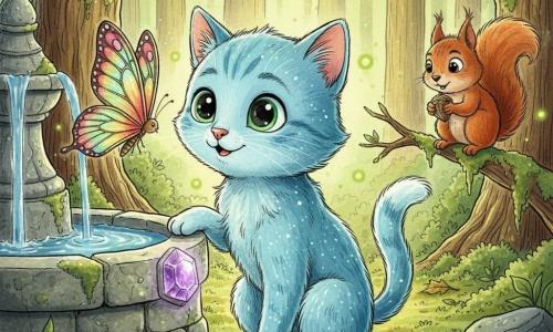 Un petit chat nommé Mistral au pelage bleu ciel scintillant et aux yeux verts émeraude pose sa patte sur une améthyste violette brillante; un papillon aux ailes arc-en-ciel est posé sur son museau à gauche, et un écureuil roux tenant une noix l'observe depuis une branche à droite; la scène se déroule dans une clairière enchantée de grands arbres moussus, lucioles et lumière verte dorée filtrant, autour d'une fontaine de pierre ancienne couverte de lichens avec l'améthyste en bordure — un instant magique où, touchant la pierre, le chat comprend la forêt et une douce lumière rayonne autour de lui.