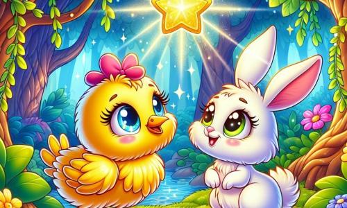 Une petite poule nommée Plumette, avec des plumes jaunes éclatantes et des yeux brillants, se tient au centre de la scène, le bec légèrement ouvert, montrant son excitation. À ses côtés, un petit lapin blanc nommé Curly, aux grandes oreilles, regarde Plumette avec admiration, prêt à l'accompagner. Ils se trouvent dans une forêt enchantée, remplie d'arbres tordus et de feuilles vibrantes, où des fleurs colorées dansent. Un ruisseau clair serpente à travers le paysage, murmurant des mélodies joyeuses. Plumette et Curly sont devant une étoile brillante sur un lit de mousse douce, illuminant la scène d'une lumière dorée. Ils sont prêts à découvrir le trésor de l'amitié, entourés de la magie de la forêt.