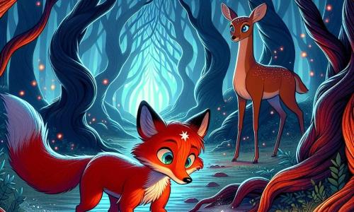 Un jeune renard nommé Roussel, avec une fourrure orange vif et une tache blanche en forme d’étoile sur le front, se tient au centre d'une clairière mystérieuse, son regard déterminé mais inquiet. Ses yeux brillent d'aventure alors qu'il scrute une lueur rougeâtre émanant d'une pierre précieuse au sol. À proximité, une biche aux yeux bleus éclatants et au pelage brun doré observe Roussel avec bienveillance, son expression douce et encourageante. La clairière se trouve dans la Forêt Sombre, entourée d'arbres aux troncs sombres et noueux, avec des feux follets dansant autour, créant une atmosphère magique. Roussel est prêt à affronter ses peurs pour découvrir le Rubis Écarlate, tandis que la biche l'encourage, symbolisant courage et sagesse.