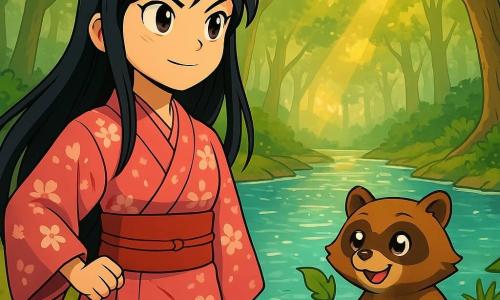 Yuki, une jeune femme aux longs cheveux noirs, porte un kimono traditionnel orné de cerisiers en fleurs. Son visage exprime détermination et douceur, tandis qu'elle se tient au bord d'une rivière scintillante. À ses côtés, un tanuki espiègle joue avec une feuille. En arrière-plan, une forêt dense avec des arbres majestueux et des rayons de soleil créent une ambiance magique. Yuki est prête à traverser la Rivière des Larmes pour recueillir l'eau sacrée et sauver son village de la sécheresse.