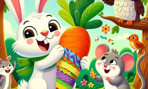Léo, un lapin au pelage blanc et aux grandes oreilles, sourit en tenant une carotte en papier coloré, tandis que Mina, une petite souris grise, colle des morceaux de papier dessus en riant. Oscar, un hibou sage aux plumes brunes et lunettes rondes, lit des instructions depuis une branche proche. Ils se trouvent dans une clairière ensoleillée, entourée d'arbres et de fleurs, avec des animaux curieux les observant. Ensemble, ils créent leur carotte en papier pour une compétition de créativité, remplis d'excitation et de rires.