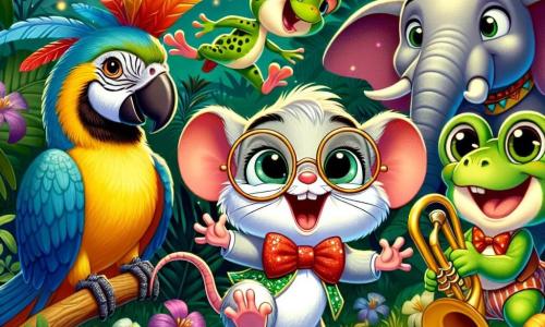 Gustave, une petite souris avec un nœud papillon rouge et des lunettes rondes, est au centre de l'image, sautillant de joie avec un grand sourire. À côté de lui, Coco, un perroquet aux plumes éclatantes, est perché sur une branche, prêt à annoncer le début de la fête. Léon, une grenouille verte, saute joyeusement, tandis qu'Édouard, un éléphant gris, joue de la trompette avec un sourire amical. La scène se déroule dans une jungle tropicale du zoo, illuminée par des lucioles, entourée de feuilles luxuriantes et de fleurs colorées. Gustave et ses amis dansent dans une ambiance festive, avec de la musique et des rires.