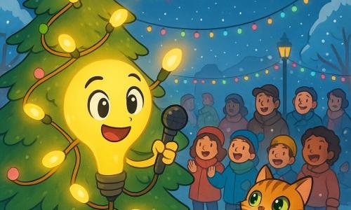 Lumi, une guirlande lumineuse scintillante, est enroulée autour d'un grand sapin de Noël, émettant une douce lumière dorée. À côté, Moustache, un chat tigré aux yeux verts, observe avec curiosité. La scène se déroule sur une place enneigée, illuminée par des guirlandes colorées, avec des flocons de neige tombant doucement, créant une ambiance magique. Lumi se prépare à parler au micro, entourée d'enfants joyeux qui chantent et rient, tandis que des adultes se rassemblent autour, impatients d'écouter son message de gratitude.