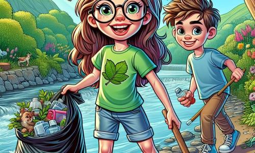 Léa, une fille de 10 ans aux longs cheveux bruns et lunettes rondes, sourit en tenant un sac-poubelle rempli de déchets. Elle porte un t-shirt vert avec un dessin de feuille et un short en jean. À ses côtés, un garçon aux cheveux ébouriffés et t-shirt bleu l'aide à ramasser des déchets, souriant. Ils sont au bord d'une rivière, entourés de verdure, d'arbres majestueux et de fleurs colorées. La scène montre leur action de nettoyage, avec des oiseaux volant au-dessus et un ciel bleu éclatant, soulignant l'importance de protéger la nature.