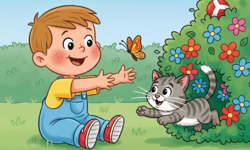 Un garçon de 2 ans, joyeux, en salopette bleu clair, t‑shirt jaune et petites chaussures rouges, est assis sur l'herbe verte et tend les bras vers un papillon orange et jaune; près d'un buisson fleuri, le chaton gris tigré nommé Moustache, joueur, bondit vers le papillon, une balle rouge est coincée dans le feuillage; jardin lumineux aux fleurs colorées, haie verte et ciel bleu avec quelques nuages, ambiance joyeuse et style dessin animé chaleureux à couleurs saturées et contours doux.
