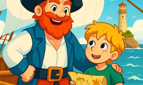 Un homme pirate à la barbe rousse, souriant, se tient sur le pont du navire 