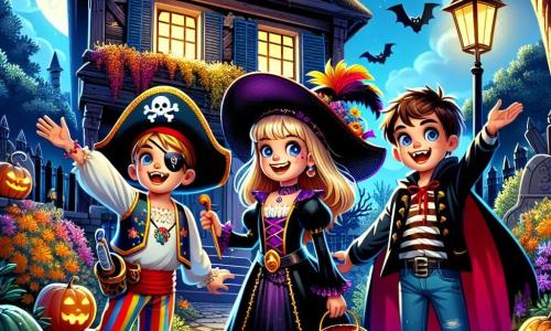 Un garçon de 12 ans, Lucas, se tient au centre de l'image, vêtu d'un costume de pirate coloré avec un chapeau noir à plumes et un faux sabre en plastique. À ses côtés, Clara, une fille de 11 ans déguisée en sorcière, l'encourage en levant les bras. Un peu en arrière, Tom, un garçon de 12 ans habillé en vampire, observe avec excitation. La scène se déroule devant une vieille maison hantée, couverte de toiles d'araignées, avec des citrouilles sculptées illuminées. La lune brille, projetant des ombres sur le jardin. Lucas, Clara et Tom sont prêts à entrer, leurs sacs à dos attendant d'être remplis de bonbons, dans une atmosphère à la fois effrayante et magique.