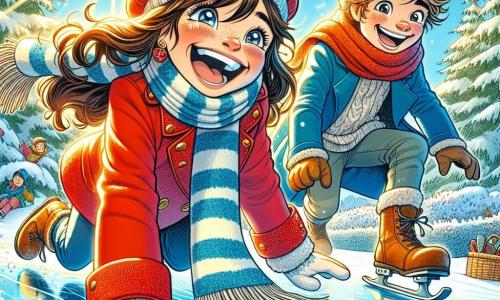 Léa, une fille de 12 ans aux longs cheveux bruns et aux joues rosies par le froid, rit en glissant sur une glace scintillante. Elle porte un manteau rouge, des gants blancs et une écharpe rayée. À ses côtés, Max, un garçon de 12 ans aux cheveux blonds en bataille, s'apprête à sauter sur la glace, vêtu d'un manteau bleu et d'un bonnet en laine. Ils sont dans un jardin enneigé, entouré d'arbres couverts de neige, sous un soleil éclatant. La scène illustre leur aventure joyeuse sur la glace, créant des souvenirs inoubliables dans un décor hivernal.