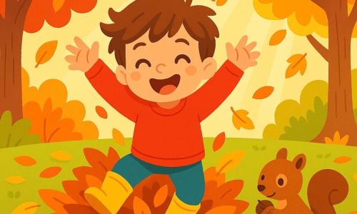 Léo, un petit garçon de 4 ans aux cheveux bruns en désordre et aux yeux pétillants, porte un pull rouge et des bottes en caoutchouc jaunes. Il saute dans une pile de feuilles d'automne, souriant largement, tandis qu'un écureuil curieux grignote une noisette à côté de lui. Le jardin est rempli d'arbres aux feuilles flamboyantes, créant un tapis coloré au sol, avec des rayons de soleil filtrant à travers les branches. Léo et l'écureuil partent à l'aventure, cherchant des trésors sous les feuilles, dans une ambiance joyeuse et complice.