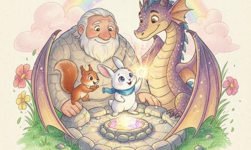 Un petit lapin blanc aux yeux brillants, ému, debout sur ses pattes arrière et portant une écharpe bleue, contemple une gemme scintillante; à droite, un grand dragon aux écailles violettes et dorées protège en repliant ses ailes, un écureuil roux vif saute sur un rocher à gauche et un géant à la peau de pierre, agenouillé derrière la gemme, pose une main protectrice; le tout forme un cercle chaleureux autour de la vasque lumineuse au sommet d’une montagne de pierres scintillantes, sous un ciel rosé traversé d’un arc‑en‑ciel, avec quelques fleurs géantes, herbe ondulante et une atmosphère de joie et de magie apaisée.