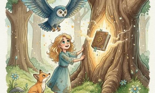 Lyra, apprentie sorcière de 8 ans aux cheveux ondulés couleur de blé et grands yeux émeraude, vêtue d'une robe bleu-vert tachée, pose les mains sur l'écorce d'un arbre colossal en respirant profondément pendant qu'Oréo, un grand hibou aux plumes bleu profond et yeux jaunes, plane au-dessus d'elle et qu'un petit renard doré, assis à côté, l'observe avec admiration ; la vallée secrète au sol couvert de mousse et de fleurs phosphorescentes, arbres aux troncs immenses et feuilles scintillantes baigne dans une lumière douce et de la poussière d'or pendant qu'un vieux grimoire cuir et or couvert de symboles brillants lévite hors du tronc, émettant une lueur chaude entourée d'éclats de lumière et de fines gouttelettes d'aquarelle suggérant la magie.