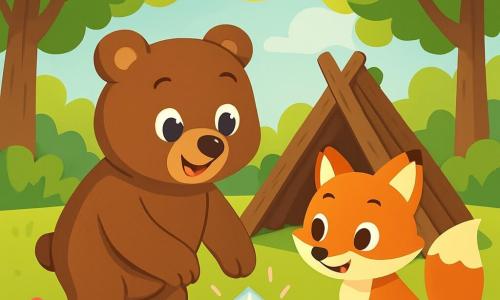Un ours brun nommé Oscar, avec un pelage doux et brillant, se tient au centre d'une clairière ensoleillée. Il a un regard curieux et un sourire joyeux en touchant une pierre brillante. À côté de lui, une petite renarde rousse nommée Lila, avec une queue touffue et des yeux malicieux, observe la pierre avec émerveillement. La clairière est entourée d'arbres majestueux et de fleurs colorées. Oscar et Lila reconstruisent une cabane en bois, ramassant des branches et riant ensemble, tandis qu'une légère brise fait bouger les feuilles.