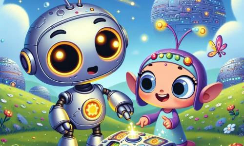 Zippy, un petit robot aux yeux brillants et au ventre émettant des bips joyeux, se tient au centre de la scène, montrant curiosité et émerveillement. Il découvre une machine mystérieuse, entouré de lumières clignotantes et de boutons colorés. À ses côtés, Lili, un extraterrestre mignon avec de grandes oreilles et une peau colorée, sourit avec enthousiasme en pointant la machine, prête à explorer chaque détail avec Zippy. Le décor est une prairie verdoyante, parsemée de fleurs et de papillons, sous un ciel bleu avec des nuages. Au loin, des collines métalliques scintillantes, typiques de la planète Mécanica. Zippy et Lili, émerveillés, réparent la machine cassée, unissant leurs talents pour faire briller la technologie et la magie de leur amitié sous le soleil radieux de la Terre.