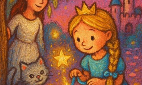 Princesse au centre, visage doux et concentré, yeux brillants et sourire timide, longs cheveux blonds tressés avec un ruban bleu, touchant un ruban de soie attaché à une petite boîte ronde; reine à gauche, posture fière et bienveillante, robe nacrée, main sur une branche du saule, regardant la princesse avec fierté; vieux chat gris à droite, petit et duveteux, frottant sa patte contre la robe de la princesse, yeux brillants; une petite étoile de lumière dorée s'élève de la boîte, formes douces et pétillantes; lieu sous un grand saule aux feuilles d’or et d’argent près d’un petit château aux tours rondes, sol couvert de pétales et lanternes suspendues, ciel crépusculaire violet et rose; situation : la princesse défait doucement le nœud, la boîte s’ouvre et une lumière chaleureuse monte, ambiance tendre, pastels saturés et textures de crayon gras, atmosphère sûre et enchantée.