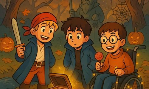 Trois personnages se trouvent dans un parc mystérieux illuminé par des lanternes d'Halloween. Zen, un garçon de 11 ans aux cheveux bruns en bataille et au grand manteau bleu, observe les alentours. Malo, 10 ans, souriant avec des cheveux blonds, est en costume de pirate, prêt pour l'aventure. Théo, 11 ans, avec des lunettes rondes et assis dans un fauteuil roulant décoré de guirlandes lumineuses, sourit en tenant un bonbon. Au centre, une statue de magicien entourée de fausses araignées et de citrouilles souriantes se dresse parmi des arbres aux branches tordues. Les trois amis découvrent une boîte à musique oubliée au bord d'un ruisseau, dont la douce mélodie illumine leurs visages émerveillés, créant une ambiance festive et mystérieuse.