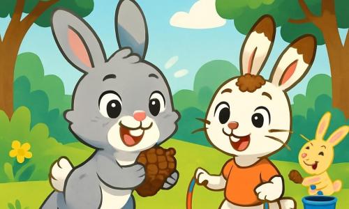 Un petit lapin nommé Léo, au pelage gris clair et une tache blanche sur le nez, saute de joie dans une clairière ensoleillée avec une pomme de pin. À ses côtés, Zoé, une lapine aux oreilles tachetées, sourit en tenant une corde à sauter colorée. Plus loin, Hugo, un lapin beige, rit en lançant une pomme de pin dans un seau. La clairière est entourée d'arbres aux feuilles vertes et de fleurs colorées, sous un ciel bleu parsemé de nuages. Léo et ses amis sont en pleine activité ludique, créant une ambiance joyeuse et amicale.