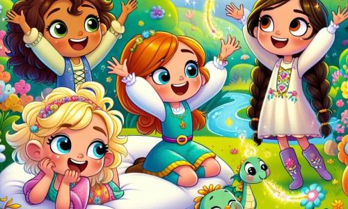 Quatre filles joyeuses se tiennent au bord d'un arc-en-ciel scintillant : Lila, 8 ans, avec des cheveux bruns bouclés, porte une robe colorée et s'étire sur un coussin moelleux. Zoé, 9 ans, aux cheveux dorés et en tunique bleu ciel, lève les bras, excitée. Clara, 8 ans, avec des cheveux roux et des lunettes, observe un petit dragon vert qui éternue des étincelles. Mia, 7 ans, avec des cheveux noirs tressés, danse joyeusement entourée de fleurs colorées. Le décor est une île magique avec des arbres aux fruits dorés, des rivières de chocolat et des nuages en forme de licornes. Les filles découvrent un coffre brillant au bout de l'arc-en-ciel, rempli de coussins moelleux, tandis qu'un chat parlant en rimes les observe.
