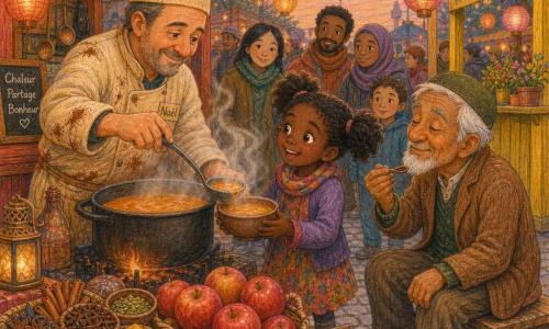 Naël, un homme souriant d'une cinquantaine d'années coiffé d'une petite toque beige et portant une veste tachée, sert de la soupe d'une grande casserole dans des bols en bois en plein air ; une fillette de sept ans aux couettes tient son bol avec émerveillement tandis qu'un vieux monsieur d'environ 70 ans, assis à droite, savoure l'arôme, le tout dans une foire de printemps colorée aux stands en bois, banderoles et lanternes, sous une douce lumière crépusculaire.