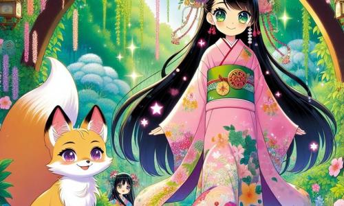Au centre de l'image, Aiko, une jeune fille de douze ans, se tient émerveillée, avec de longs cheveux noirs et brillants, des yeux pétillants, portant un kimono traditionnel aux motifs floraux. Elle franchit une arche en bois couverte de lianes et de fleurs, symbolisant l'entrée du Jardin d'Émeraude. À ses côtés, Kitsu, un renard doré aux yeux malicieux, l'observe avec un sourire, prêt à l'accompagner. Le décor est un jardin luxuriant avec des plantes colorées, des arbres majestueux et un étang vert. Aiko, déterminée, s'apprête à entrer dans le jardin magique, tandis que Kitsu lui explique les épreuves à venir, créant une atmosphère d'aventure et de mystère.