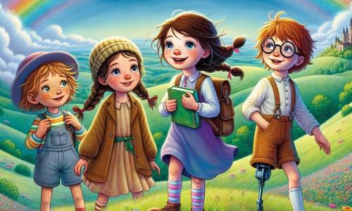Au sommet d'une colline verdoyante, quatre amies se tiennent ensemble, prêtes pour l'aventure. Lou, 11 ans, avec des cheveux bruns en bataille et un sourire éclatant, pointe l'arc-en-ciel au-dessus d'elles. À sa droite, Clara, aux cheveux blonds tressés et lunettes rondes, regarde avec curiosité, un livre à la main. À gauche, Sophie, aux cheveux roux et aux taches de rousseur, admire les fleurs colorées. Enfin, Maëva, aux cheveux châtains et à la prothèse à la jambe, sourit avec détermination. Le paysage est enchanteur : ciel bleu, nuages cotonneux et champ de fleurs multicolores illuminé par le soleil. L'arc-en-ciel vibrant de couleurs semble toucher le sol, promettant des mystères. Les quatre amies se préparent à entrer dans le jardin des illusions, un monde magique où elles devront affronter des épreuves pour sauver les couleurs de l'arc-en-ciel, prêtes pour une aventure inoubliable.