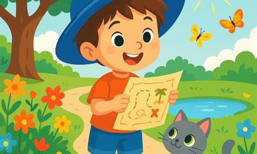 Un petit garçon de 4 ans, Tom, avec des cheveux bruns en bataille et un grand chapeau bleu, sourit avec des yeux pétillants d'excitation. Il tient une carte au trésor dans ses petites mains, debout sur un chemin de gravier. À côté de lui, une petite chatte grise nommée Mina se frotte contre sa jambe, regardant la carte avec curiosité. Le jardin est ensoleillé, rempli de fleurs colorées, d'un grand érable et d'une mare scintillante. Des papillons volent autour, ajoutant de la magie à l'environnement. Tom et Mina sont prêts à partir à l'aventure, cherchant le trésor caché, entourés de l'odeur des fleurs et du chant des oiseaux, dans une ambiance joyeuse.