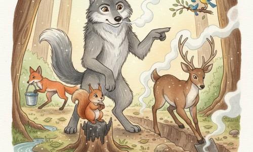 Un loup gris au pelage épais, debout sur ses pattes arrière et pointant une tranchée, organise courageusement des animaux — un écureuil roux reconnaissant tenant une noisette sur une souche, une renarde transportant un seau d'eau vers un ruisseau, un cerf aidant à creuser avec ses sabots et plusieurs oiseaux portant des branches — pour étouffer un feu naissant dans une clairière boisée au sol humide avec un ruisseau scintillant et une souche calcinée fumante.