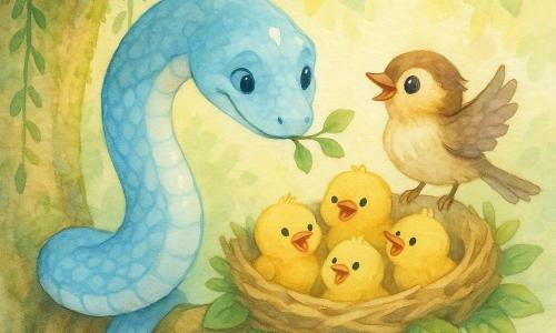 Un serpent bleu aux écailles nacrées et à petite tache blanche sur le front, souriant et enroulé autour d'une branche, tend la tête pour offrir une brindille au nid ; une petite mésange brune au ventre crème et au bec orange, perchée au bord du nid, le regarde avec gratitude en agitant une aile ; trois oisillons jaunes et duveteux, becs ouverts, sont blottis dans le nid au centre ; un grand tronc d'arbre moussu occupe la moitié gauche avec lianes et larges feuilles vert émeraude éclairées de touches dorées — scène tendre et sûre, ambiance pastel aquarelle, textures légères et contours légèrement flous.