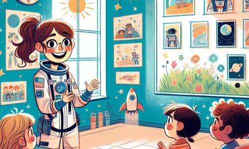 Clara, une astronaute souriante aux cheveux bruns en queue de cheval, porte une combinaison spatiale blanche et bleue. Ses yeux brillent d'excitation alors qu'elle montre des photos de l'espace aux enfants. Un petit garçon de 7 ans, blond et portant des lunettes rondes, est assis en tailleur devant elle, fasciné. À côté, une petite fille de 6 ans, avec des cheveux bouclés et une robe rose, lève la main pour poser une question, souriante. La scène se déroule dans une salle de classe lumineuse décorée de posters d'étoiles et de planètes, avec des fenêtres laissant entrer la lumière. Clara raconte ses aventures dans l'espace, captivant les enfants qui rêvent de devenir astronautes.