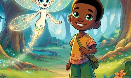 Mosi, un jeune homme africain de 15 ans, se tient au centre de la scène, avec des yeux curieux et un large sourire. Il porte un t-shirt coloré et un short léger, tenant un petit sac en bandoulière, prêt pour l'aventure. À ses côtés, Kima, un esprit de la forêt, apparaît comme une créature délicate avec des ailes scintillantes, flottant au-dessus du sol, affichant une expression bienveillante. En arrière-plan, la forêt magique s'étend avec des arbres majestueux et des feuilles vibrantes de couleurs. La scène montre Mosi et Kima s'avançant vers le Champ de l'Incertitude, un endroit mystérieux symbolisant les défis que Mosi doit surmonter pour découvrir le trésor caché de la forêt.