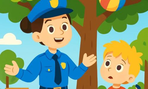 Une policière souriante, Alice, est une femme d'une trentaine d'années avec des cheveux bruns en chignon et un uniforme bleu vif. Elle se tient sous un grand arbre, les bras ouverts, prête à aider. À côté d'elle, un petit garçon nommé Léo, âgé de 6 ans, avec des cheveux blonds en bataille et un t-shirt rouge, regarde un ballon coloré coincé dans l'arbre avec espoir. Le parc est ensoleillé, avec des fleurs éclatantes, des bancs en bois et des enfants jouant au loin. Alice et Léo se concentrent sur le ballon flottant dans les branches, tandis qu'Alice sourit, prête à trouver une solution pour le récupérer.
